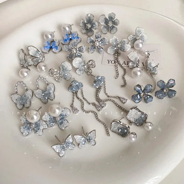 DAIIIBABYYY  -  Luxury Blue Gradient Crystal Butterfly Flower Pearl Earrings Flower Geometric Women Korean Fashion Kpop Tassel Earring